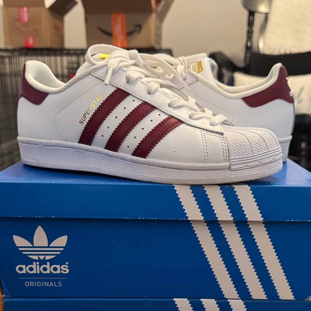 Adidas Originals White and Burgundy Superstar Shoes